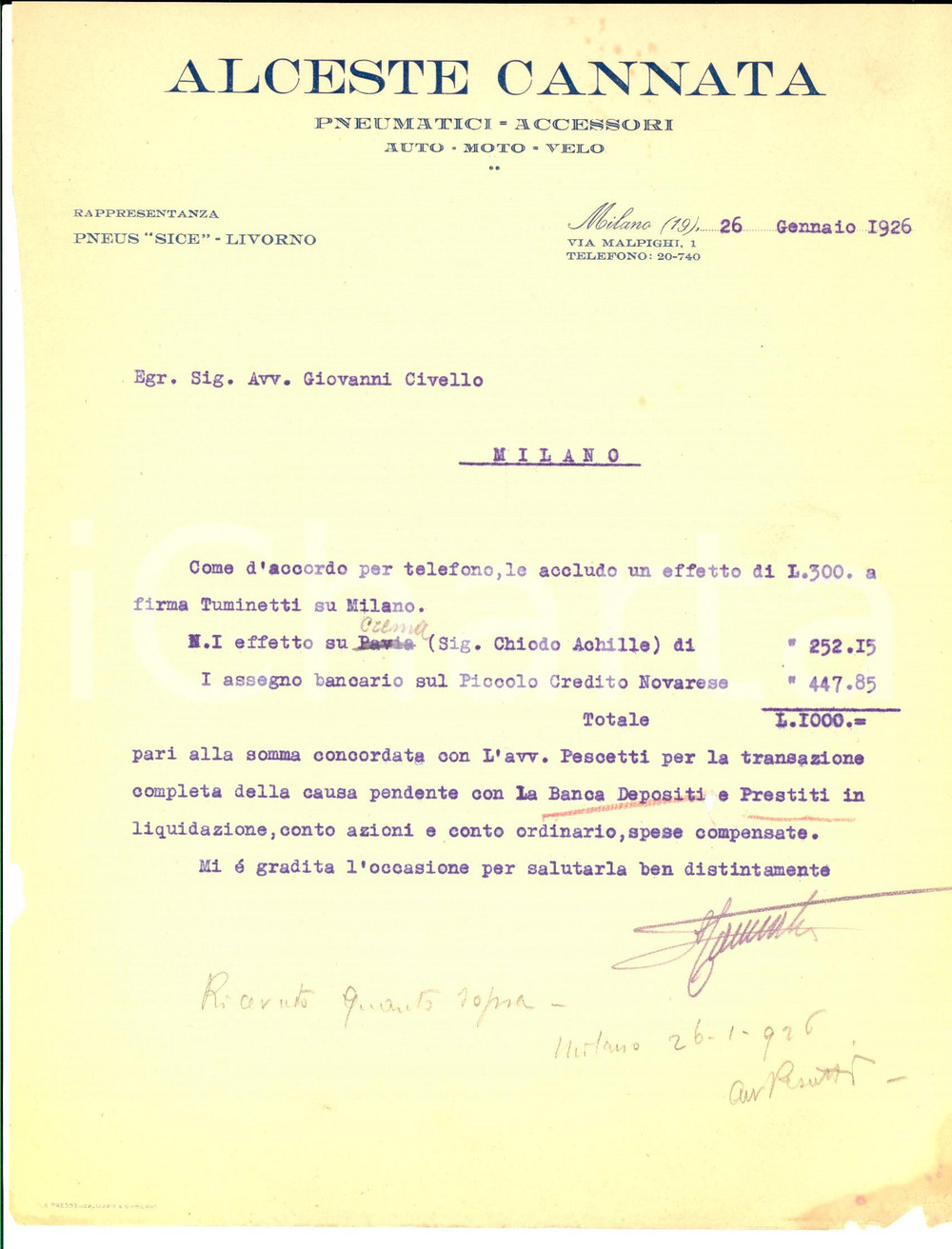 Documento originale, autentico 1926 MILANO Ditta Alceste CANNATA Pneumatici e accessori Lettera commerciale 1