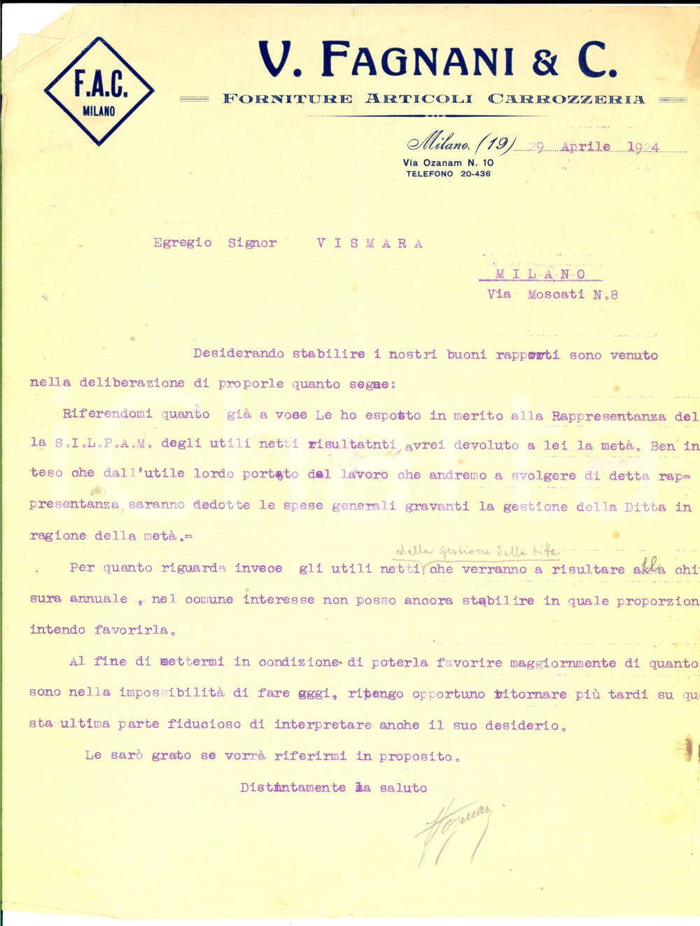 Documento originale, autentico 1924 MILANO Ditta V. FAGNANI Articoli carrozzeria Lettera per rappresentanza 1