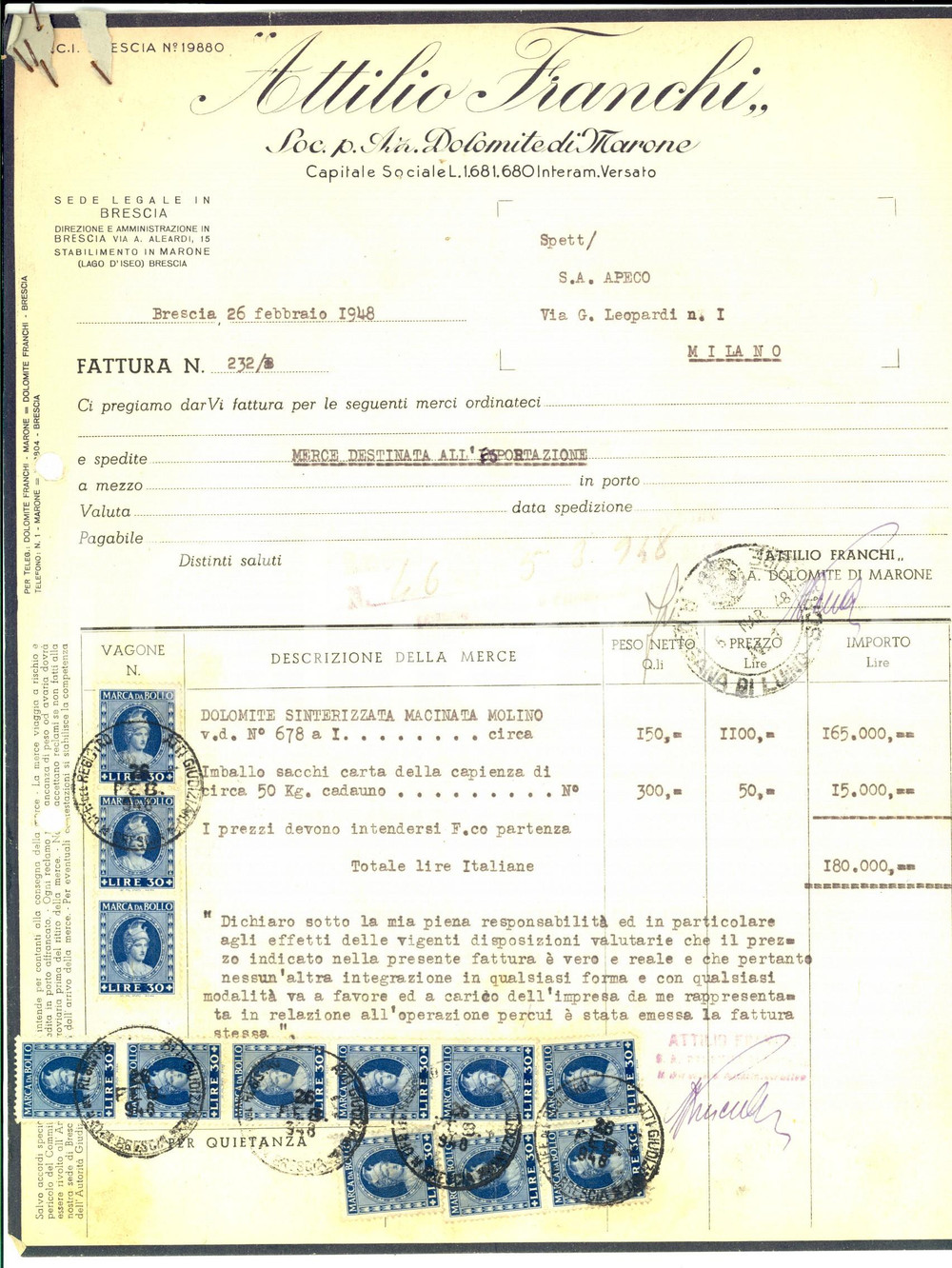 Documento originale, autentico 1948 BRESCIA Attlio FRANCHI  SocietÃ  Dolomite di Marone Fattura con bolli 1