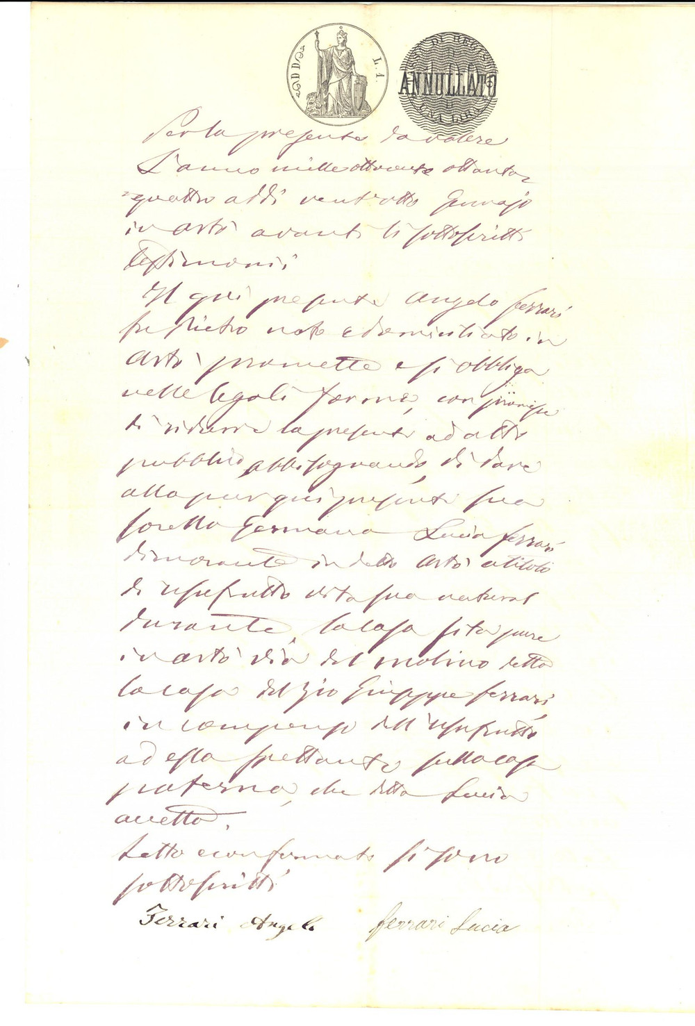 Documento originale, autentico 1884 ARTO  VB Angelo FERRARI lascia casa in usufrutto alla sorella Lucia 1
