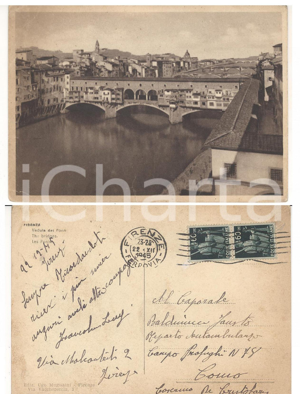 Cartolina originale da collezione 1945 STORIA POSTALE LUOGOTENENZA FIRENZE Cartolina coppia 60 cent. Democratica 1