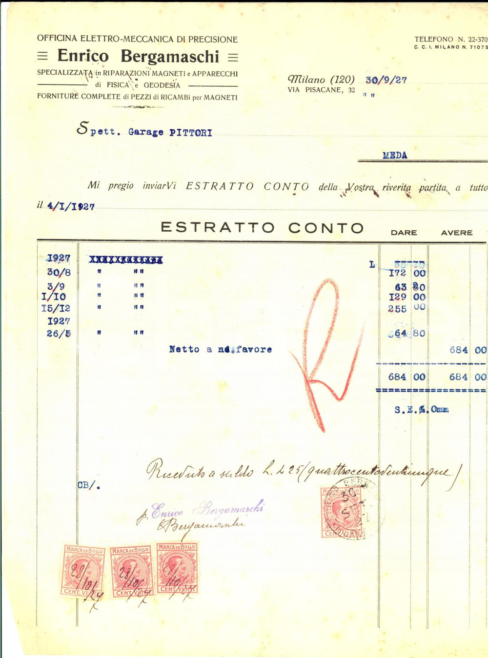 Documento originale, autentico 1927 MILANO Officina elettromeccanica Enrico BERGAMASCHI Estratto conto 1