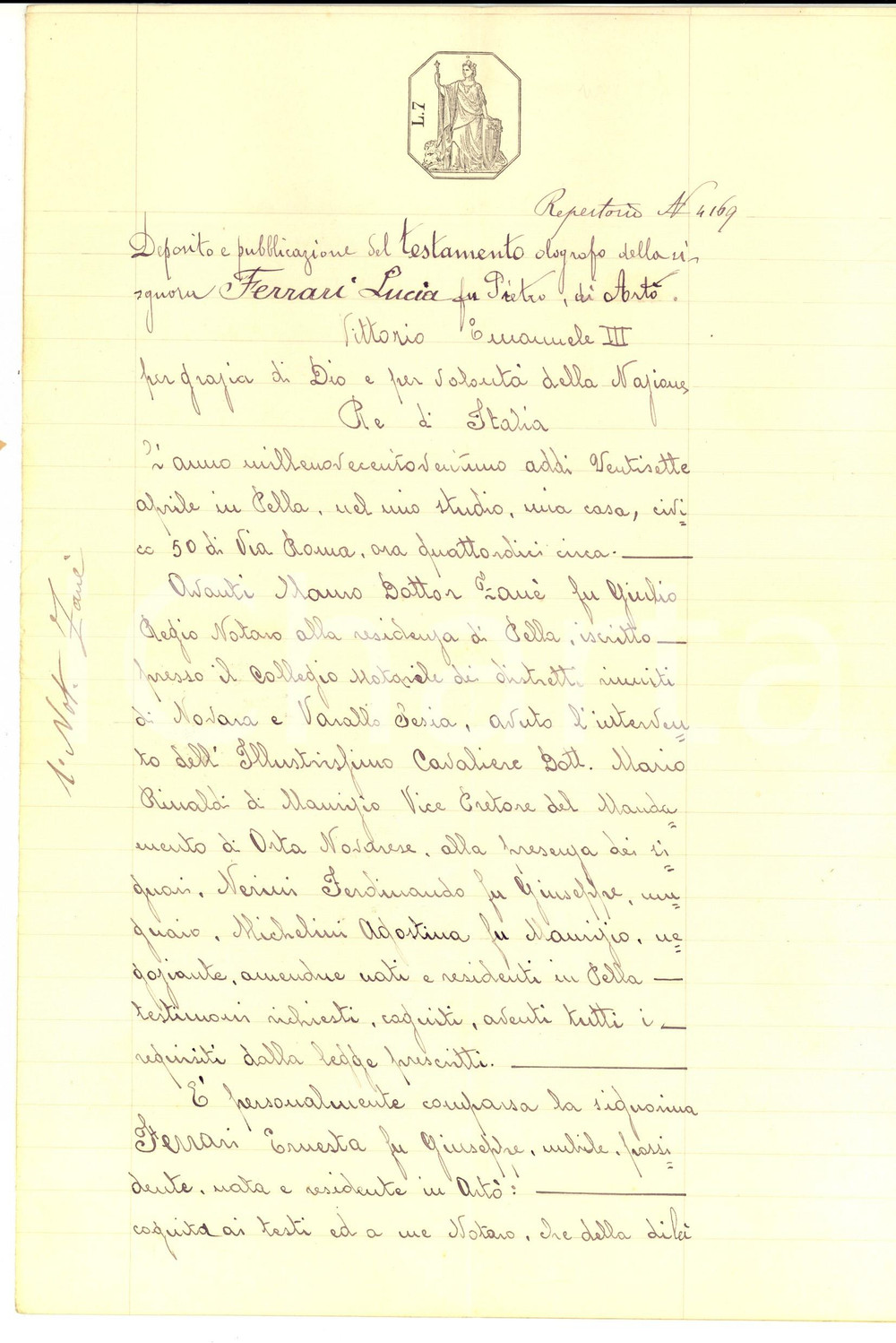 Documento originale, autentico 1921 ARTO  VB Testamento di Lucia FERRARI a favore dei fratelli Manoscritto 1