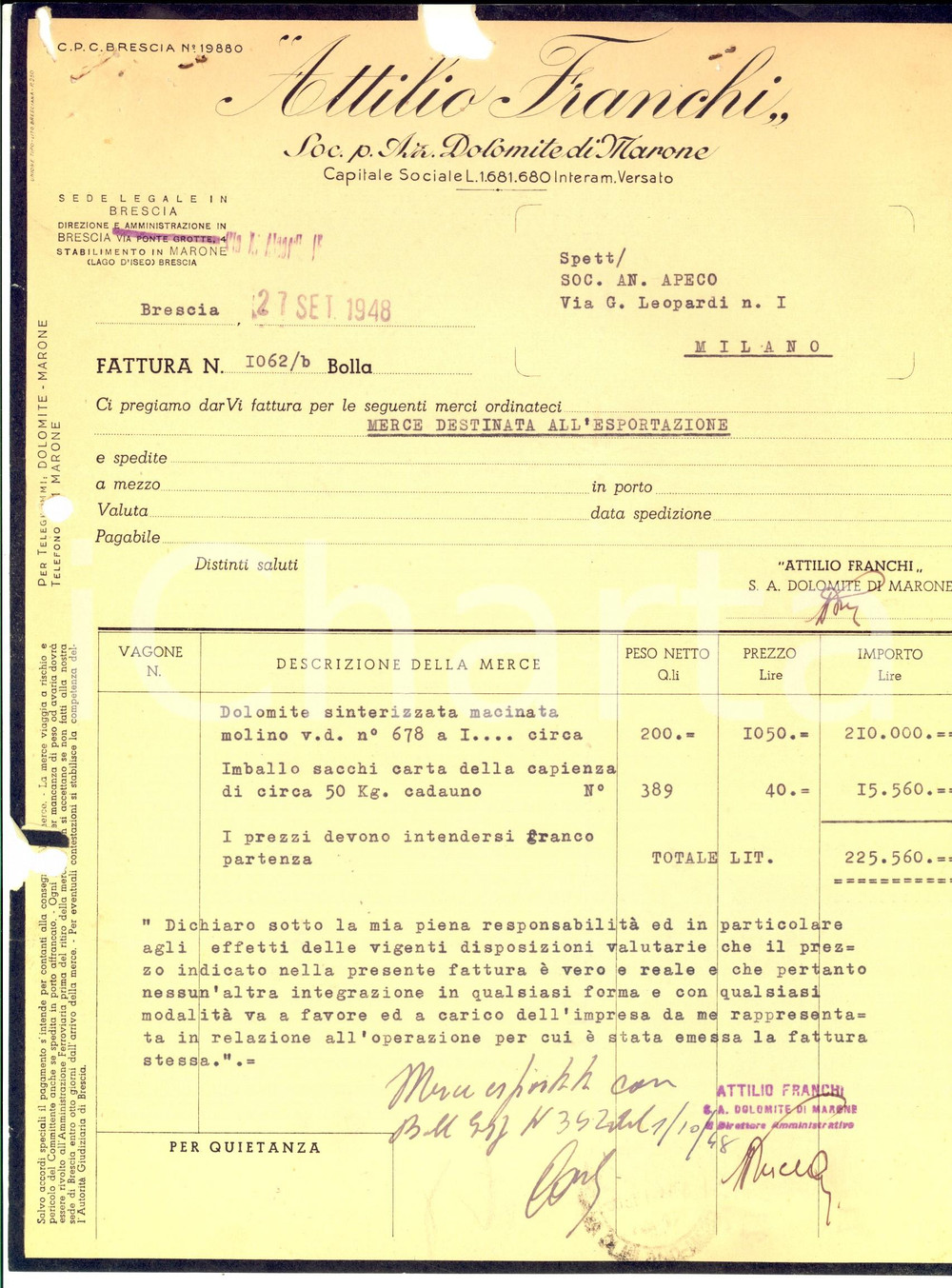 Documento originale, autentico 1948 BRESCIA Attilio FRANCHI  SocietÃ  Dolomite di Marone Fattura esportazione 1