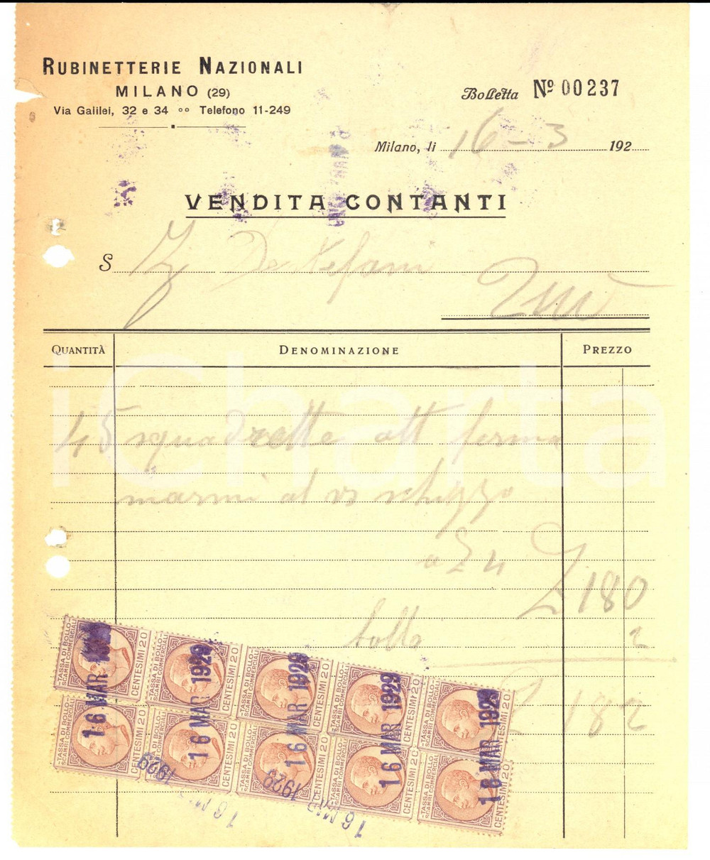 Documento originale, autentico 1929 MILANO Fattura RUBINETTERIE NAZIONALI per squadrette   Marche da bollo 1