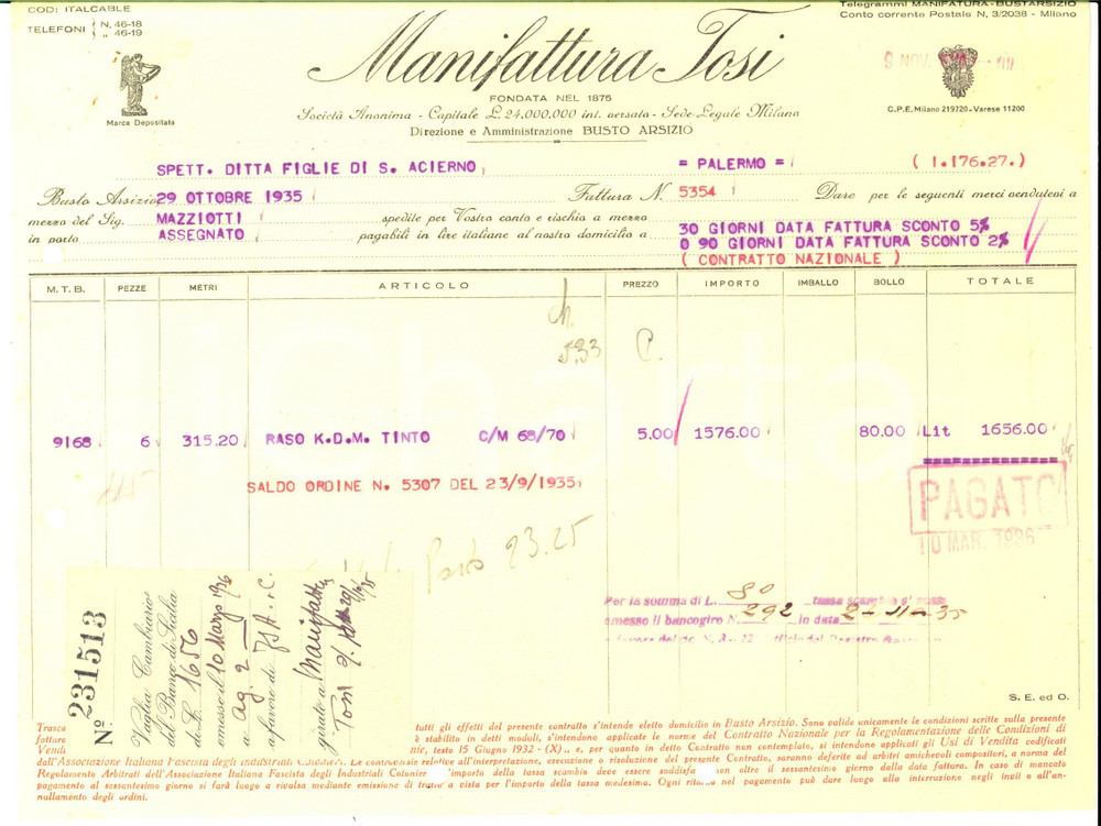 Documento originale, autentico 1935 BUSTO ARSIZIO VA Manifattura TOSI  Fattura intestata per raso tinto 1