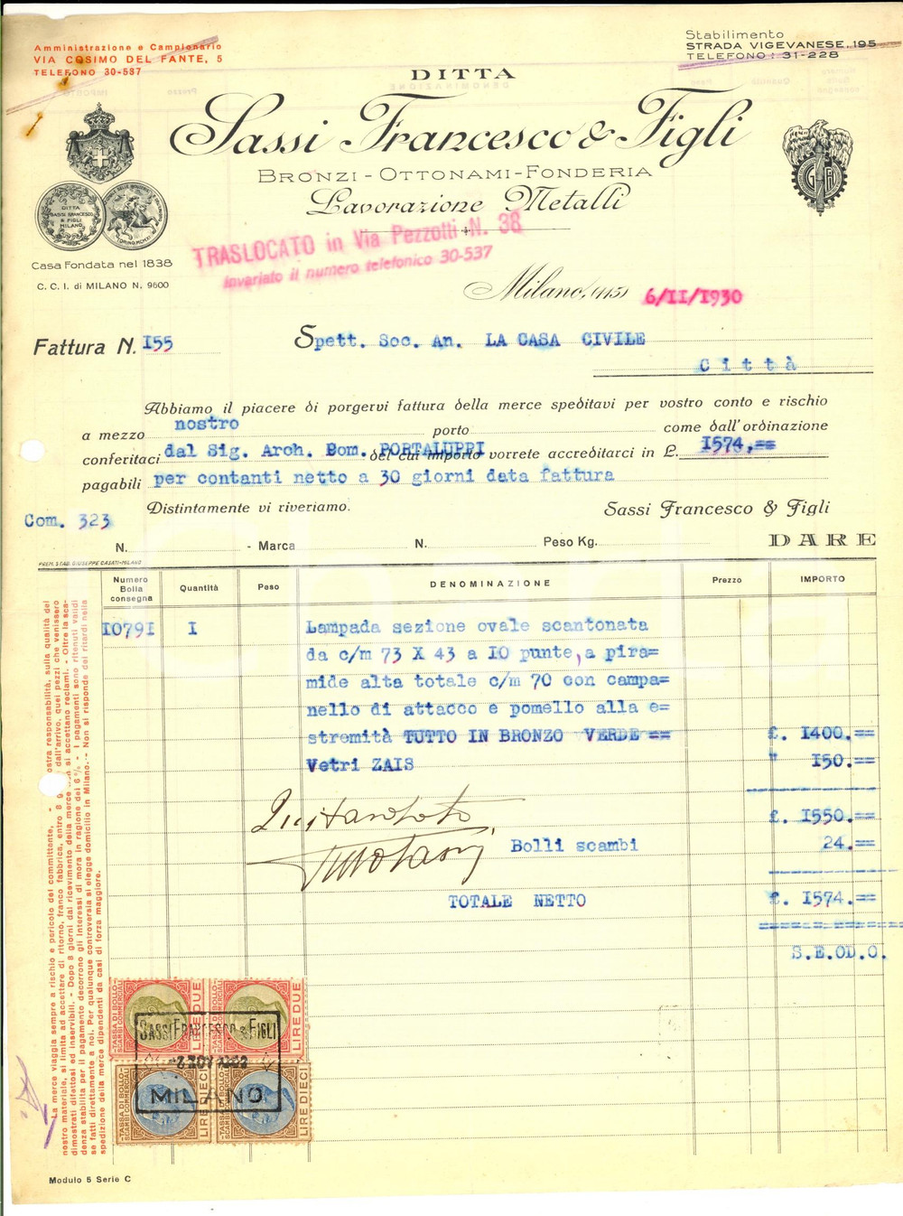 Documento originale, autentico 1930 MILANO Ditta Francesco SASSI  Bronzi  Ottonami Fattura con bolli 1