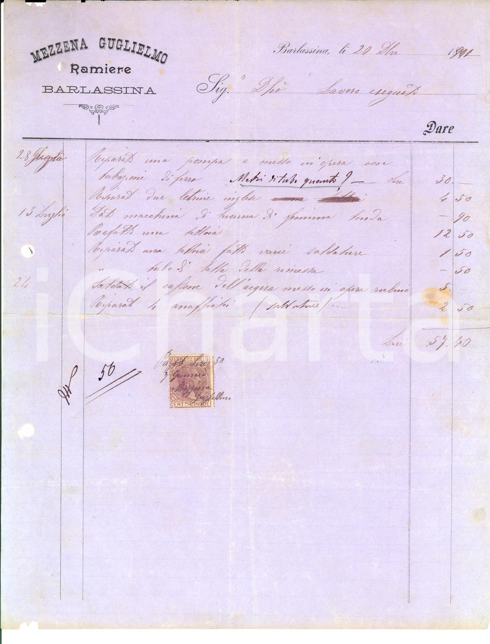 Documento originale, autentico 1891 BARLASSINA MB Guglielmo MEZZENA ramiere idraulico Fattura manoscritta 1