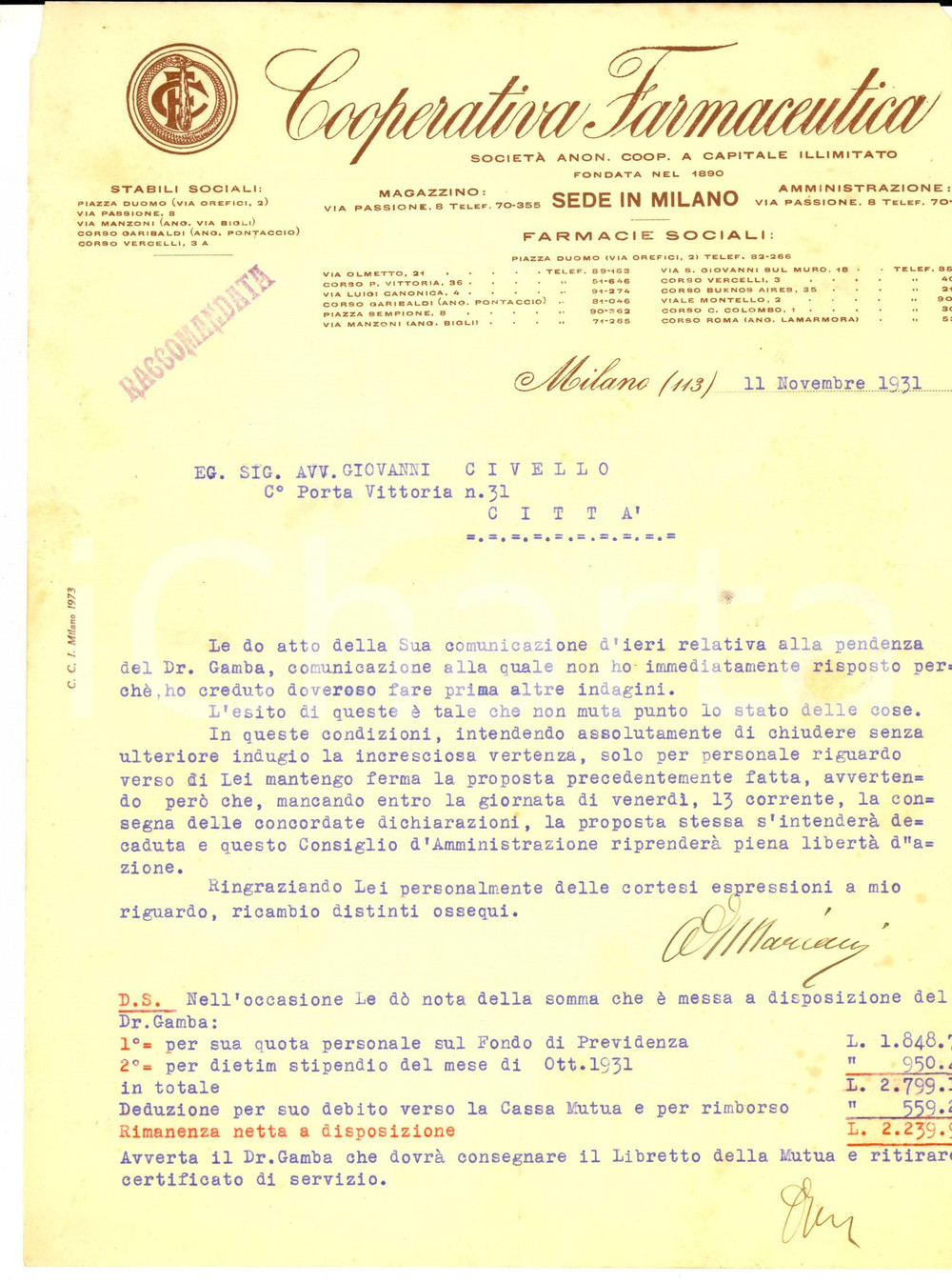 Documento originale, autentico 1931 MILANO Cooperativa Farmaceutica  Lettera su pendenza commerciale 1