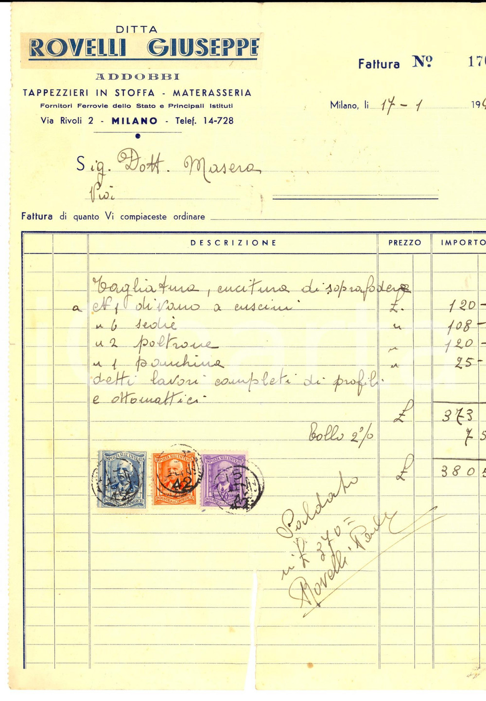 Documento originale, autentico 1942 MILANO Ditta Giuseppe ROVELLI Tappezzieri in stoffa e materasseria Fattura 1