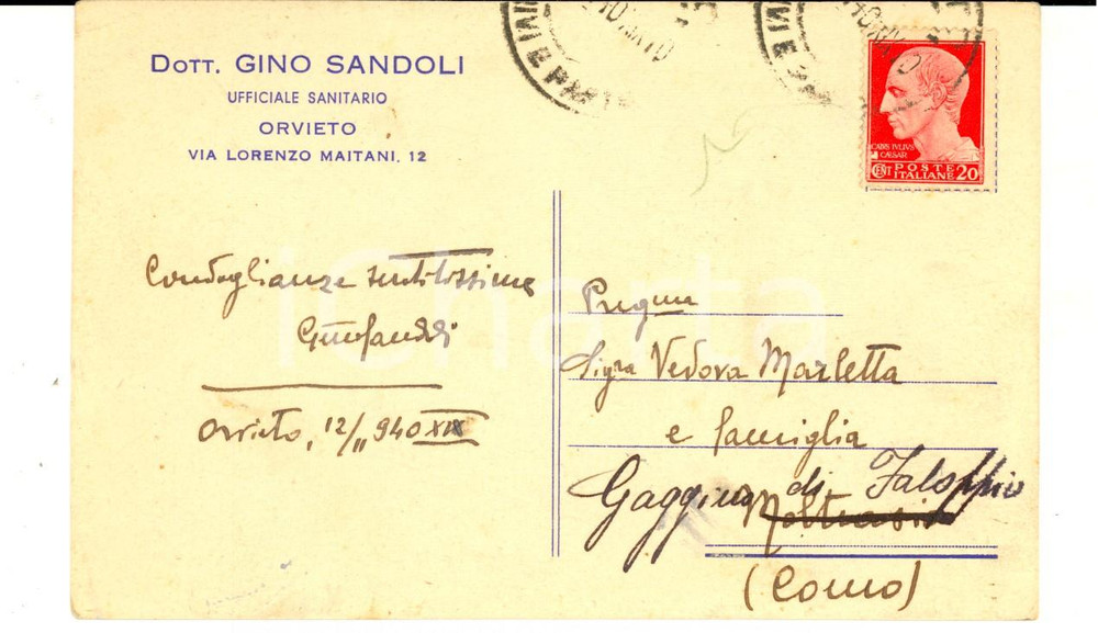 Cartolina originale da collezione 1940 ORVIETO Dott. Gino SANDOLI Ufficiale sanitario  Cartolina intestata 1