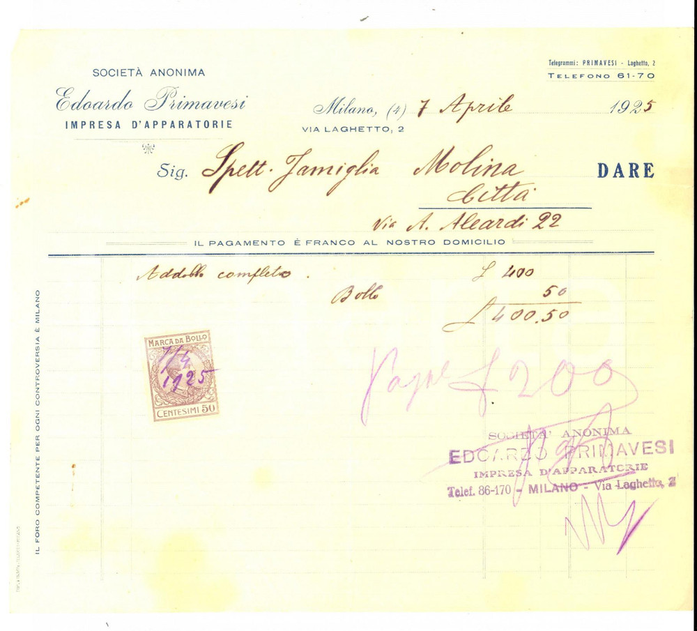 Documento originale, autentico 1925 MILANO SocietÃ  Anonima Edoardo PRIMAVESI Impresa d apparatorie Fattura 1