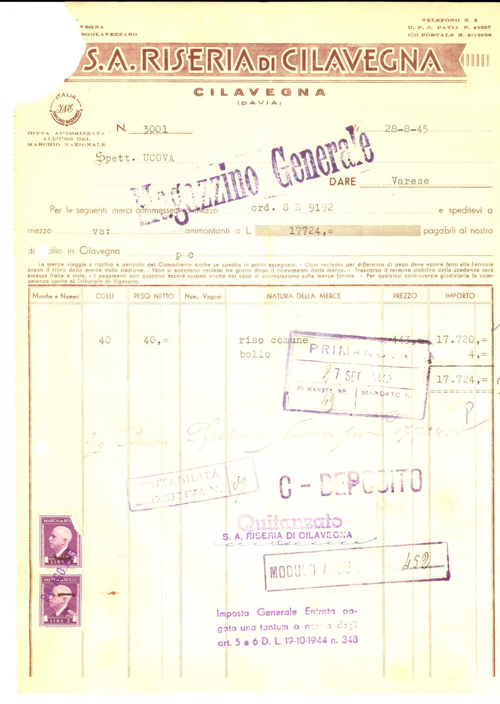 Documento originale, autentico 1945 CILAVEGNA PV S. A. Riseria di CILAVEGNA  Fattura DANNEGGIATA 1