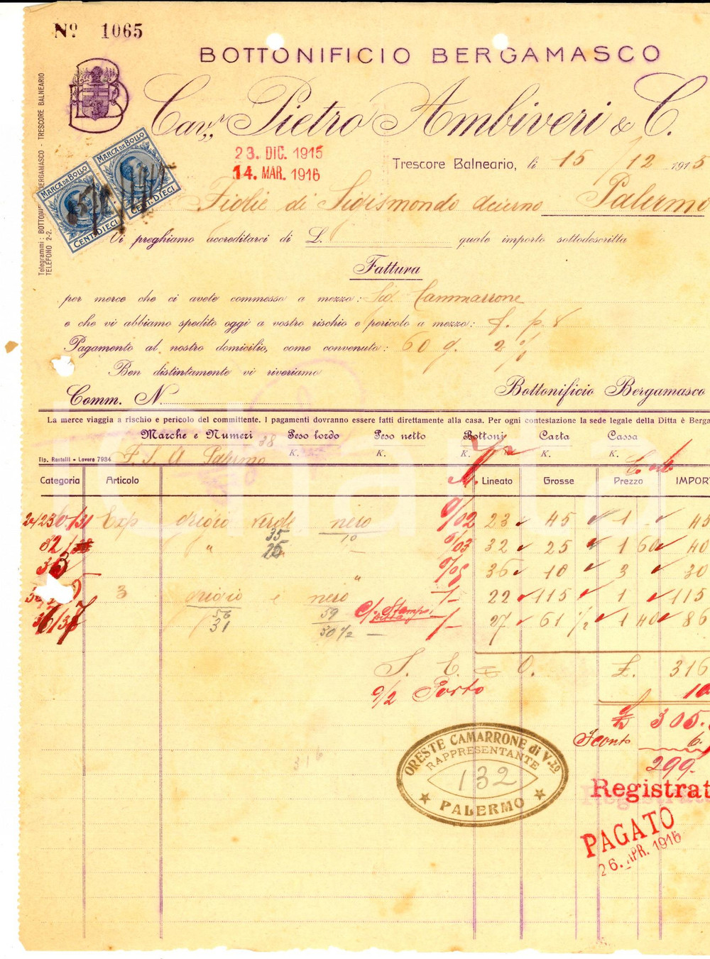 Documento originale, autentico 1915 TRESCORE BALNEARIO BG Bottonificio Bergamasco Pietro AMBIVERI Fattura 1