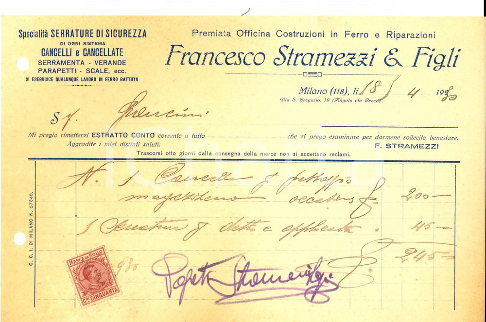Documento originale, autentico 1930 MILANO Ditta Francesco STRAMEZZI & Figli  Cencelli e serrature Fattura 1