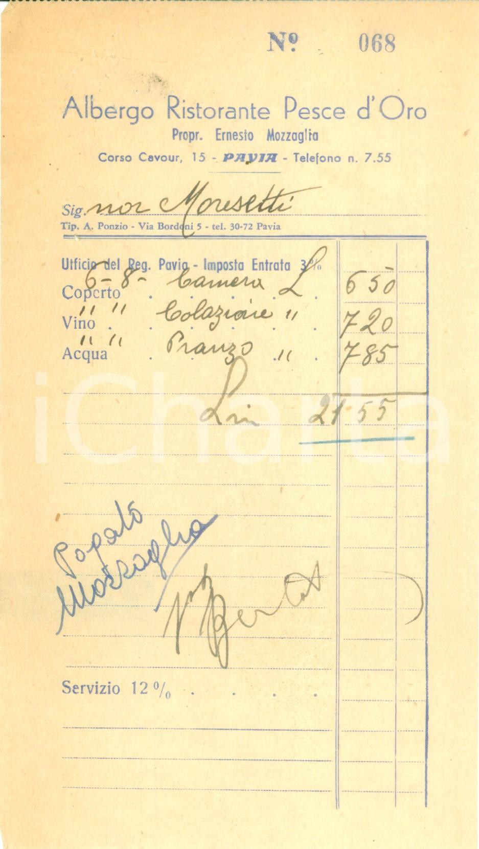 Materiale pubblicitario d’epoca 1950 ca PAVIA Albergo Ristorante PESCE D ORO Ernesto MOZZAGLIA Ricevuta 1