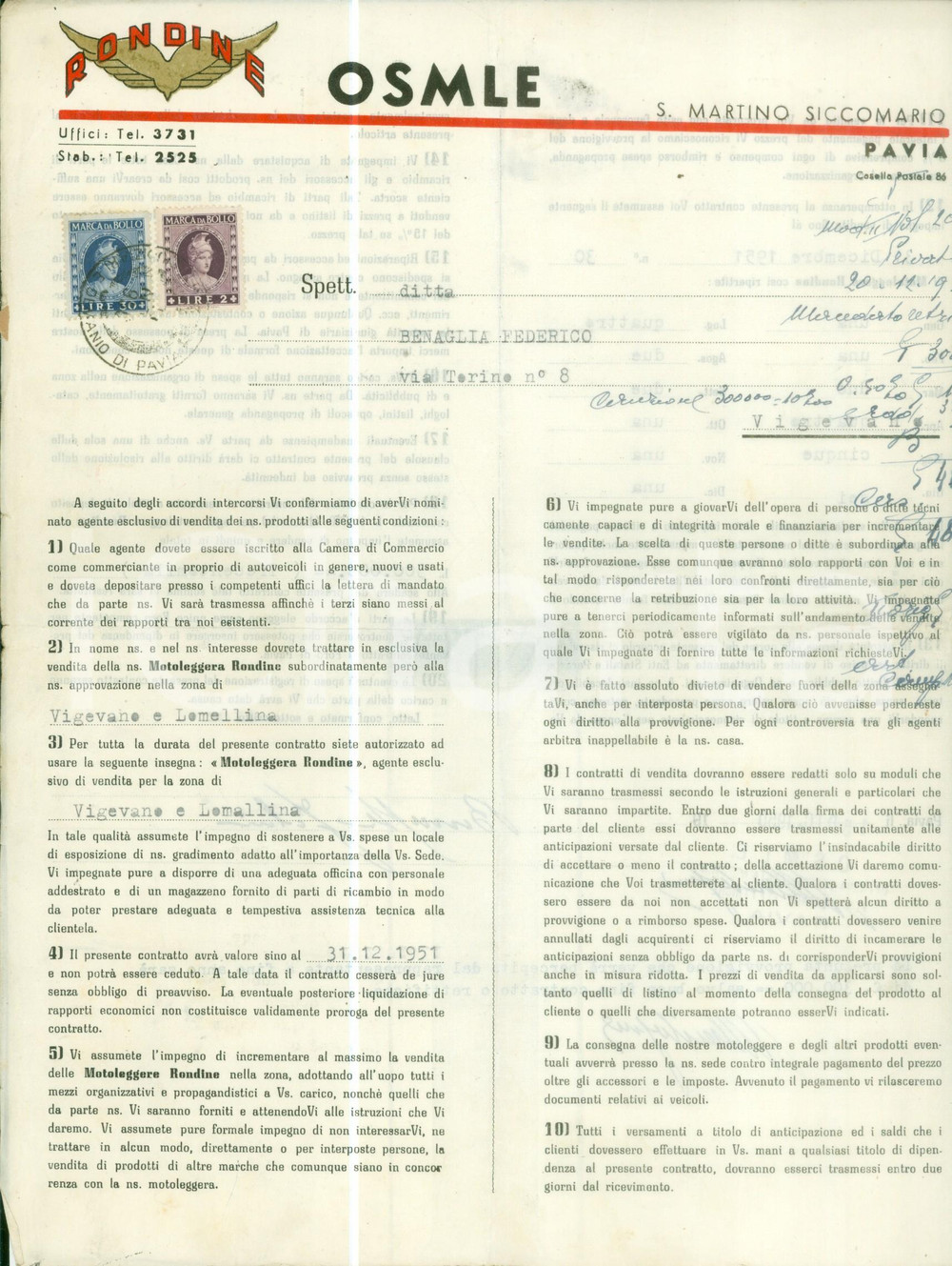 Materiale pubblicitario d’epoca 1950 SAN MARTINO SICCOMARIO PV Contratto di vendita RONDINE OSMLE Documento 1