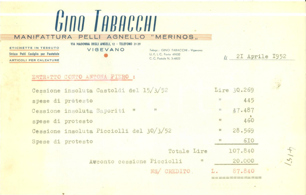 Materiale pubblicitario d’epoca 1952 VIGEVANO PV Gino TABACCHI Manifattura pelli agnello MERINOS Documento 1