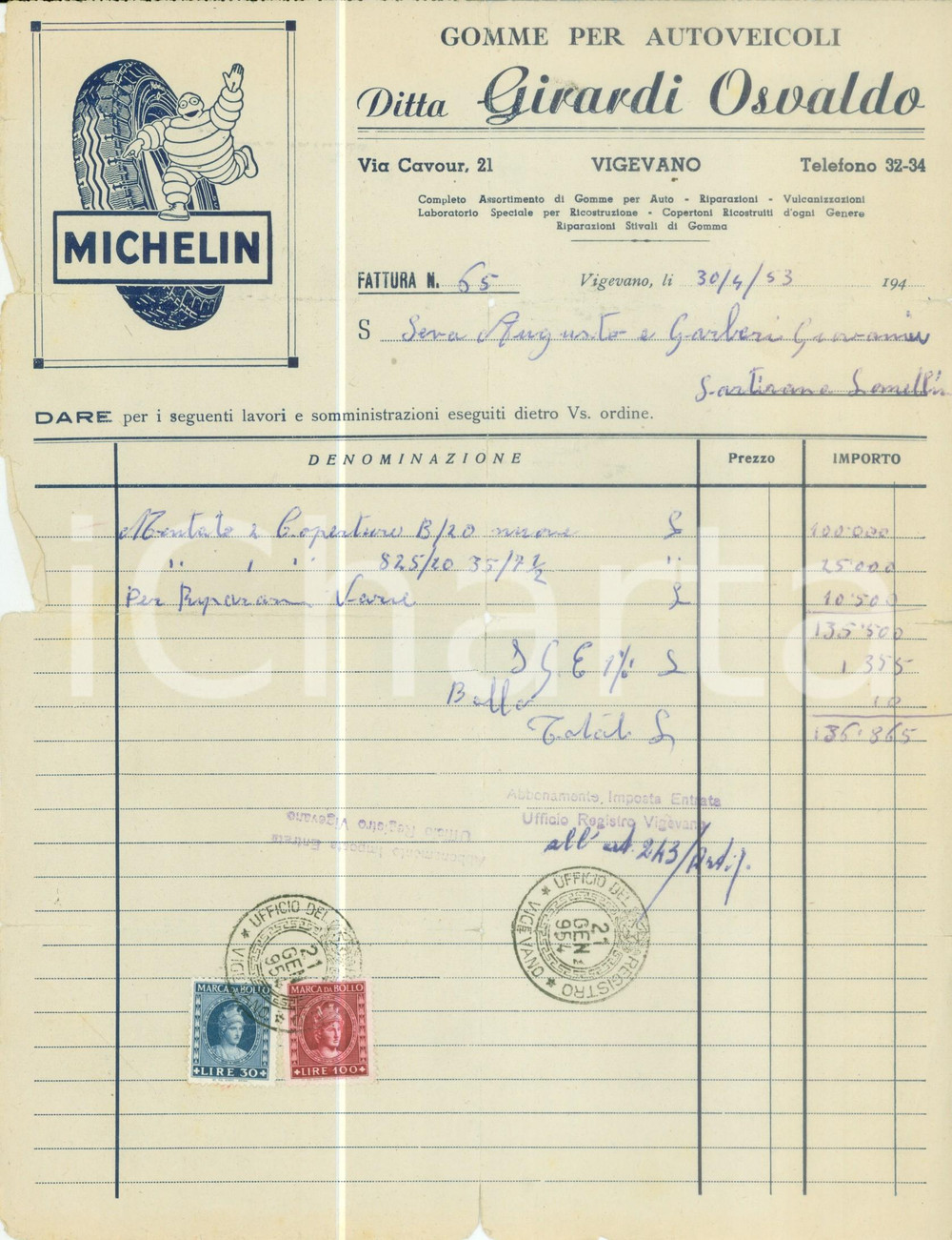 Materiale pubblicitario d’epoca 1953 VIGEVANO PV Ditta Osvaldo GIRARDI Gomme per autoveicoli DANNEGGIATO 1