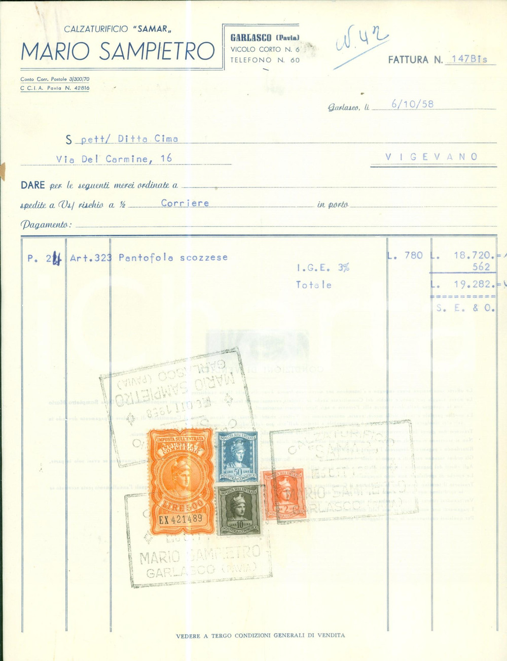 Materiale pubblicitario d’epoca 1958 GARLASCO PV Calzaturificio SAMAR Mario SAMPIETRO Fattura per pantofola 1