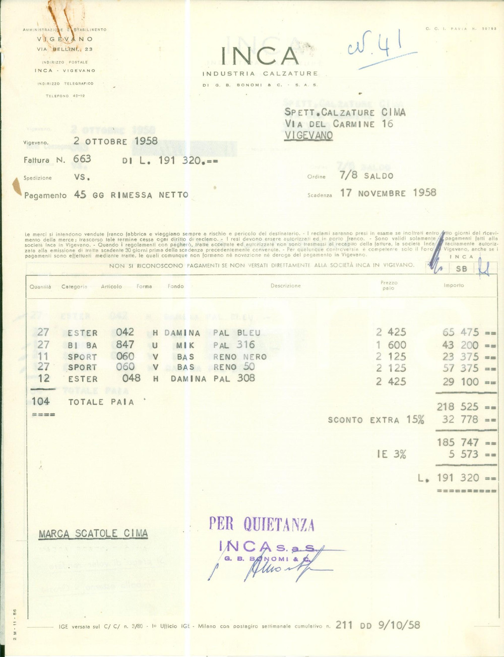 Materiale pubblicitario d’epoca 1958 VIGEVANO PV Industria calzature INCA Fattura e nota di consegna 1