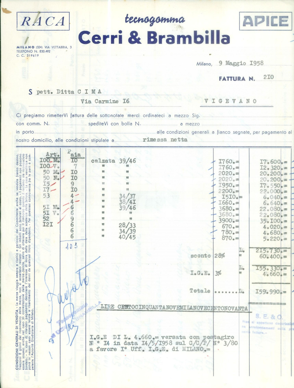 Materiale pubblicitario d’epoca 1958 MILANO Tecnogomma CERRI & BRAMBILLA Fattura commerciale 1