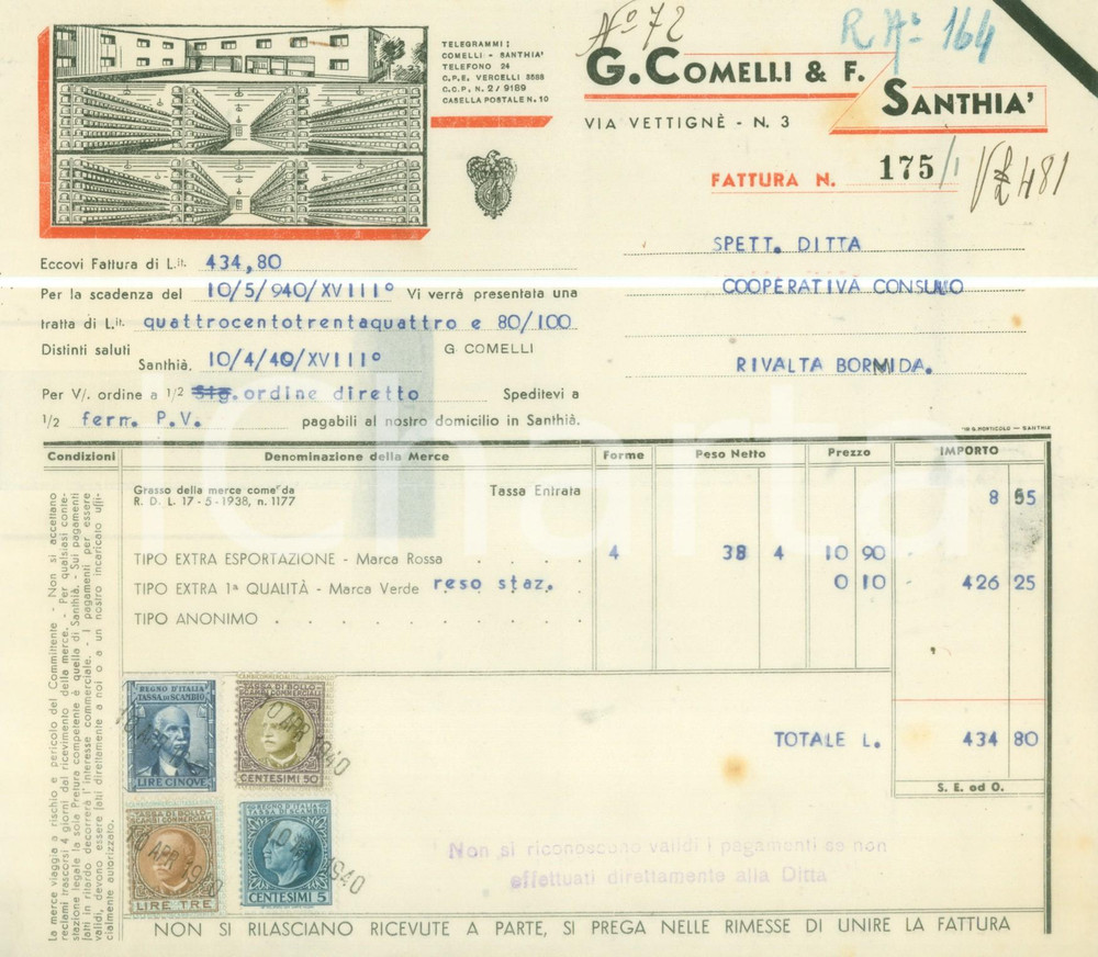 Documento originale, autentico 1940 SANTHIÃ€ VC Vendita formaggi G. COMELLI Fattura ILLUSTRATA 1