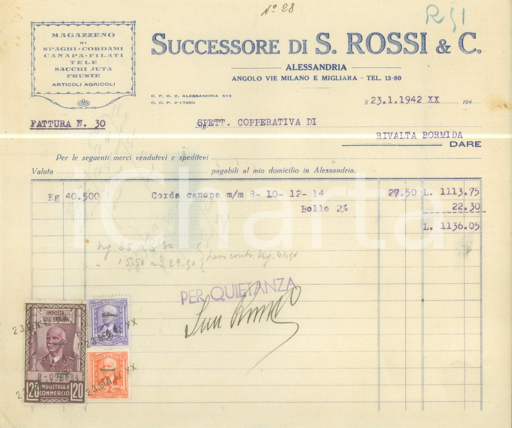 Materiale pubblicitario d’epoca 1942 ALESSANDRIA Successori ROSSI & C. Magazzeno spaghi cordami Fattura 1