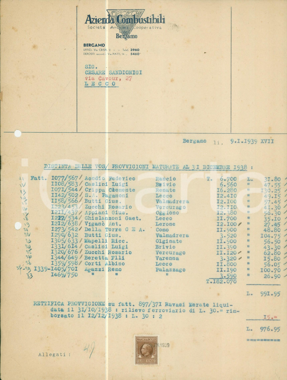 Documento originale, autentico 1939 BERGAMO Azienda Combustibili SocietÃ  Azienda Cooperativa DANNEGGIATO 1