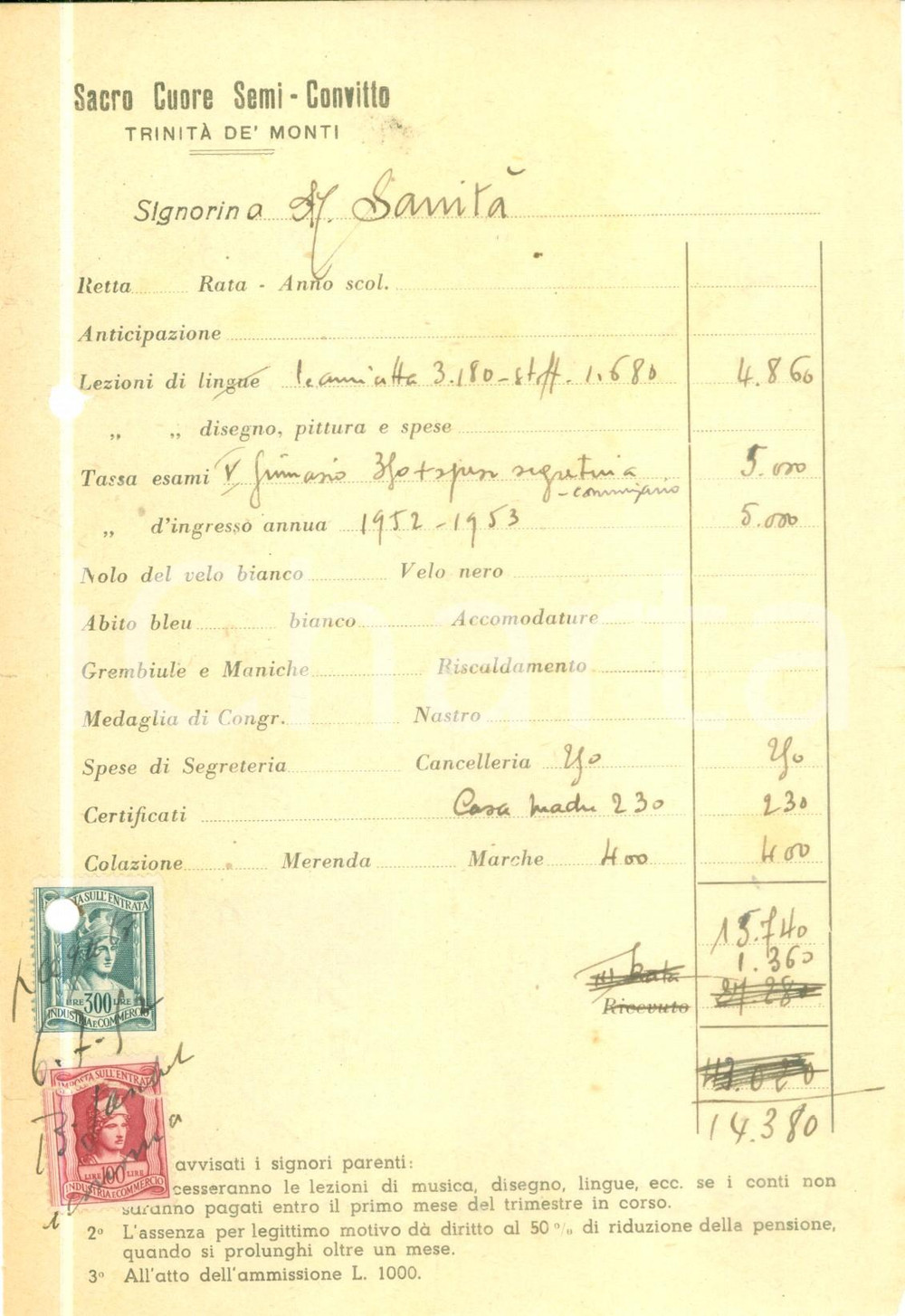 Materiale pubblicitario d’epoca 1952 ROMA Sacro Cuore SemiConvitto a TrinitÃ  dei Monti Ricevuta 1