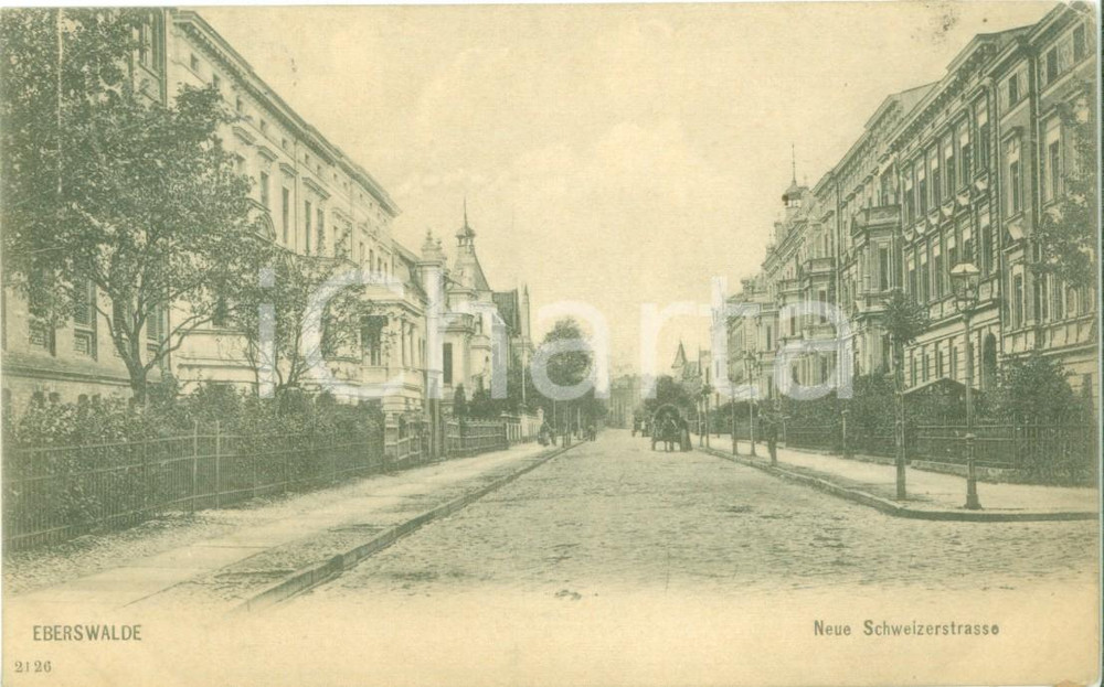 Cartolina originale da collezione 1906 EBERSWALDE GERMANIA Carrozza sulla neue Schweizerstrasse Cartolina FP VG 1