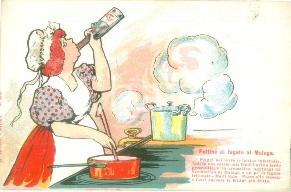 Cartolina originale da collezione 1900 ca CUCINA Fettina di fegato al MALAGA Cartolina ILLUSTRATA FP NV 1