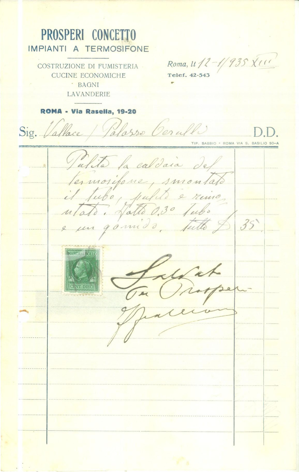 Materiale pubblicitario d’epoca 1935 ROMA Concetto PROSPERI Impianti termosifone Costruzione fumisteria Fattura 1