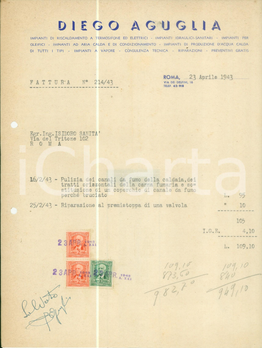 Documento originale, autentico 1943 ROMA Impianti di riscaldamento a termosifone Diego AGUGLIA Fattura 1