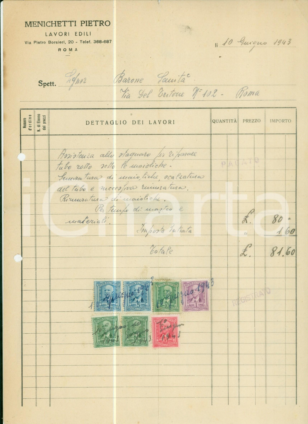 Documento originale, autentico 1943 ROMA Lavori edili Pietro MENICHETTI Fattura assistenza allo stagnaro 1