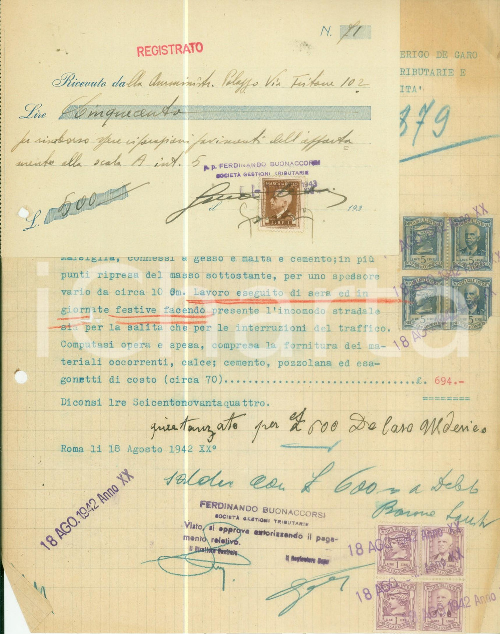 Documento originale, autentico 1942 ROMA SocietÃ  ferdinando BUONACCORSI Lavori Ulderico DE CARO Fattura 1