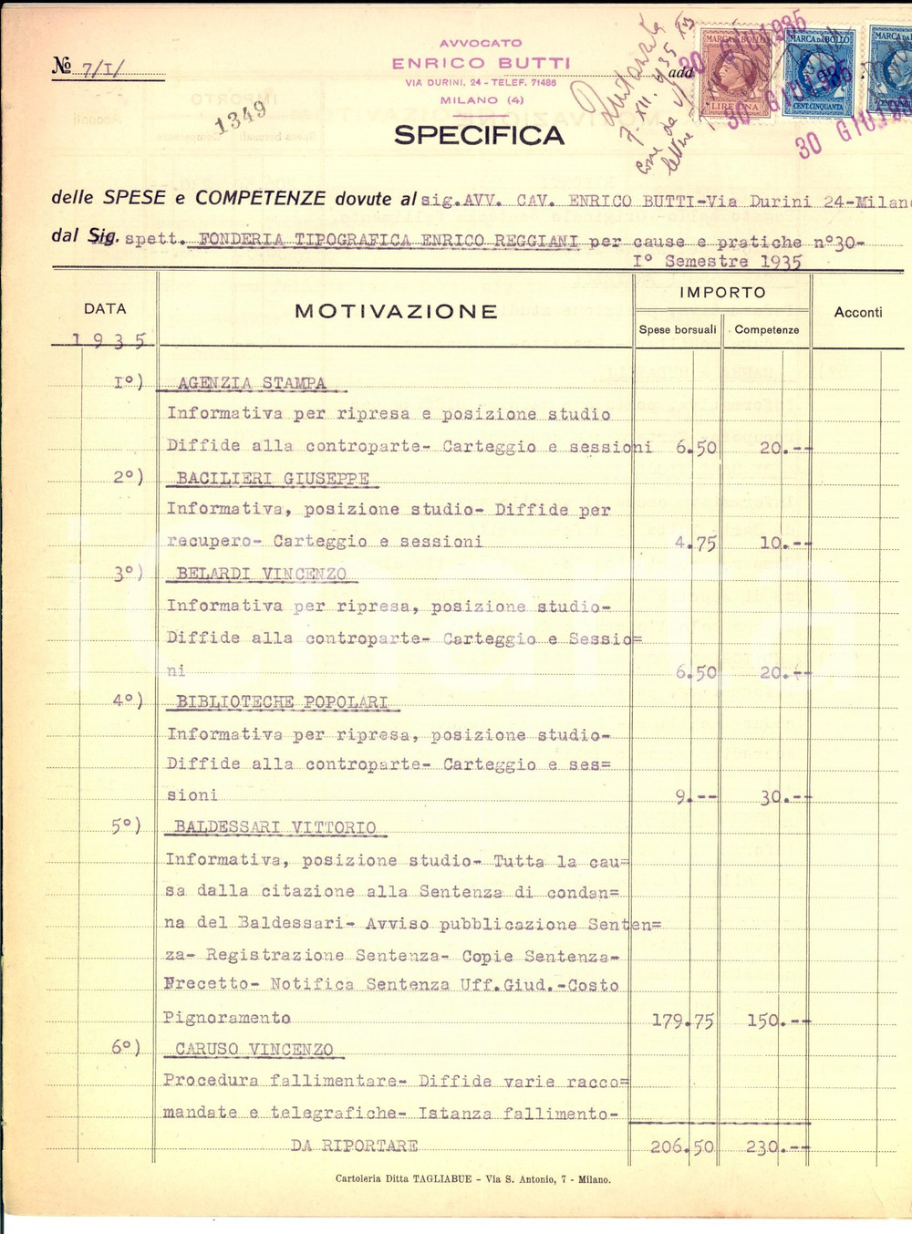 Documento originale, autentico 1936 MILANO Via Durini 24 Conto spese e competenze avvocato Enrico BUTTI 1