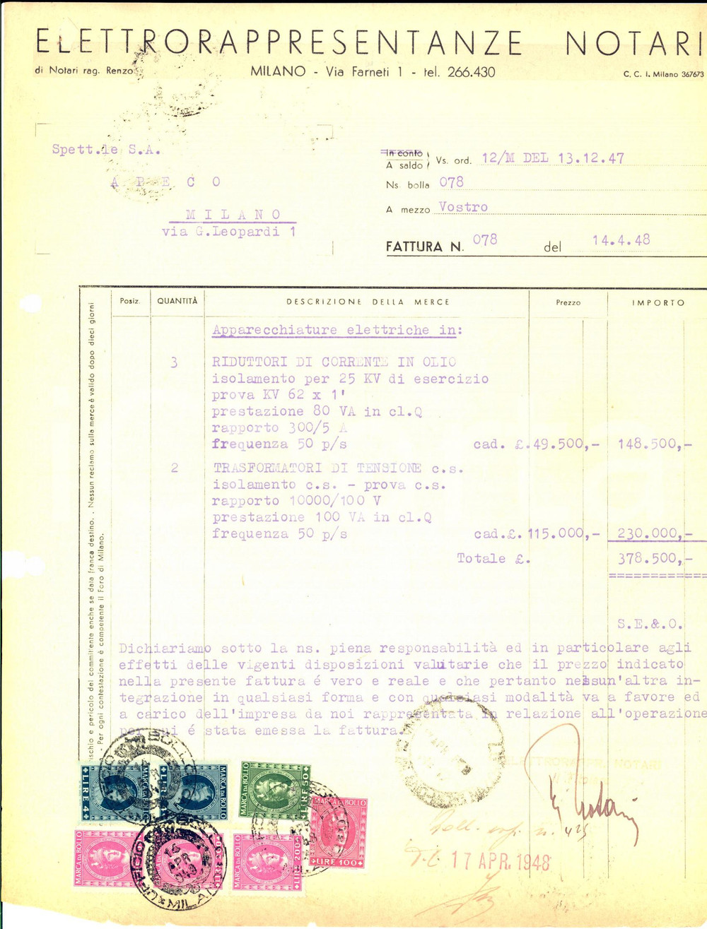Documento originale, autentico 1947 MILANO Elettrorappresentanze NOTARI  Fattura apparecchiature elettriche 1