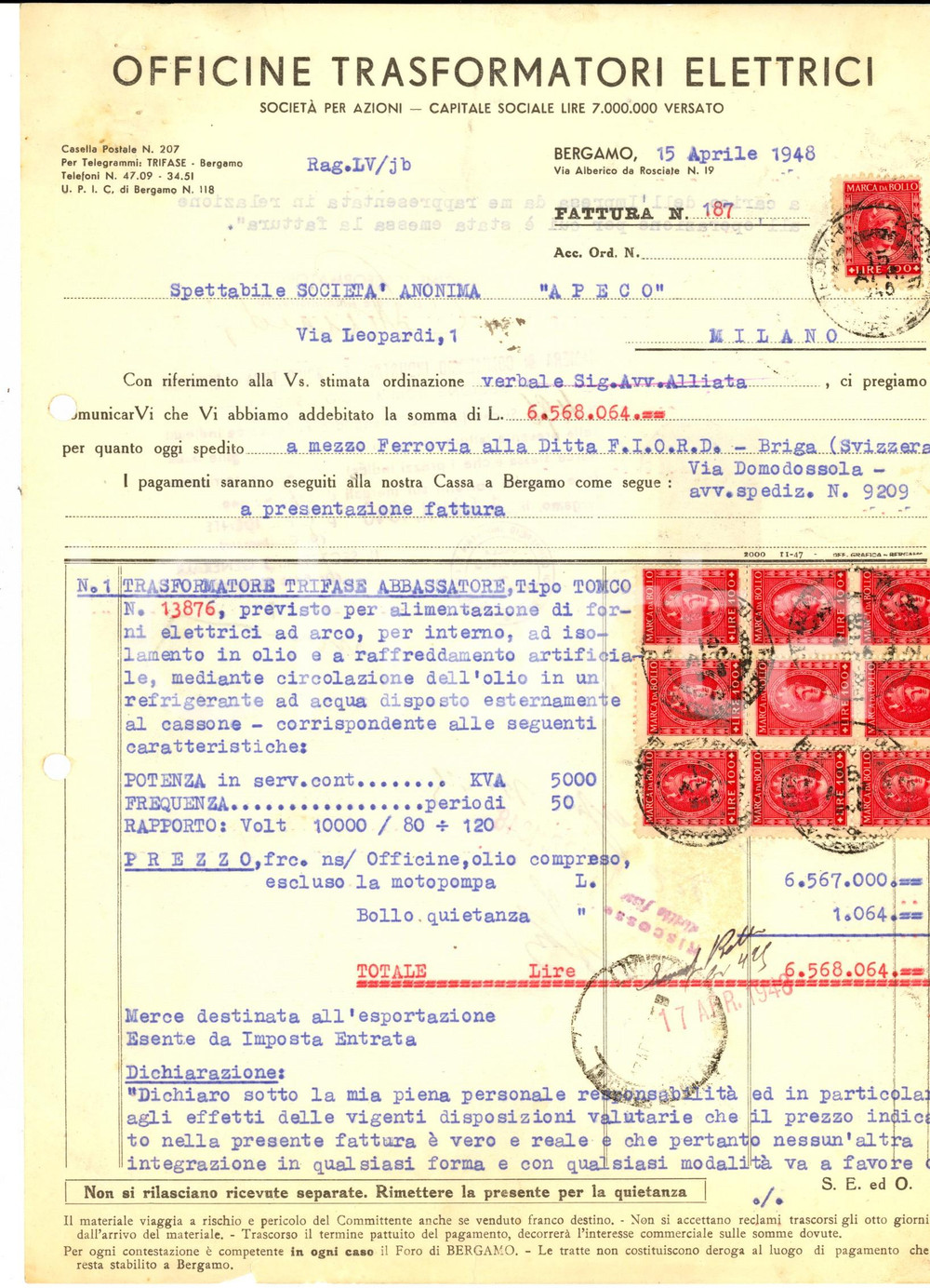 Documento originale, autentico 1948 BERGAMO Officine Trasformatori Elettrici Fattura commerciale bolli 1