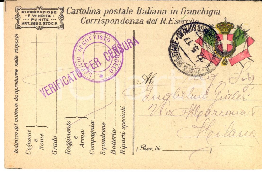 Documento originale, autentico 1917 WWI ZONA DI GUERRA Cartolina in franchigia  Ufficio sprovvisto di bollo 1