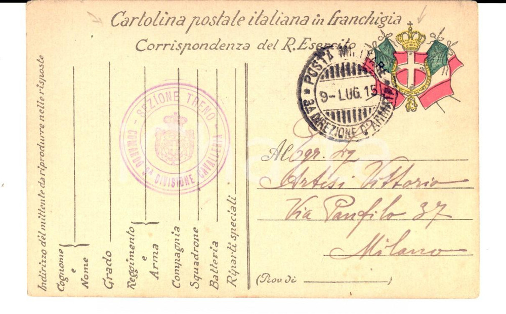 Documento originale, autentico 1915 WW1 ZONA DI GUERRA 3 Divisione Cavalleria Sezione TRENO Cartolina 1