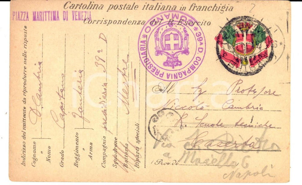 Documento originale, autentico 1916 WW1 VENEZIA 39 Compagnia Presidiaria Cartolina capitano CAMBRIA 1