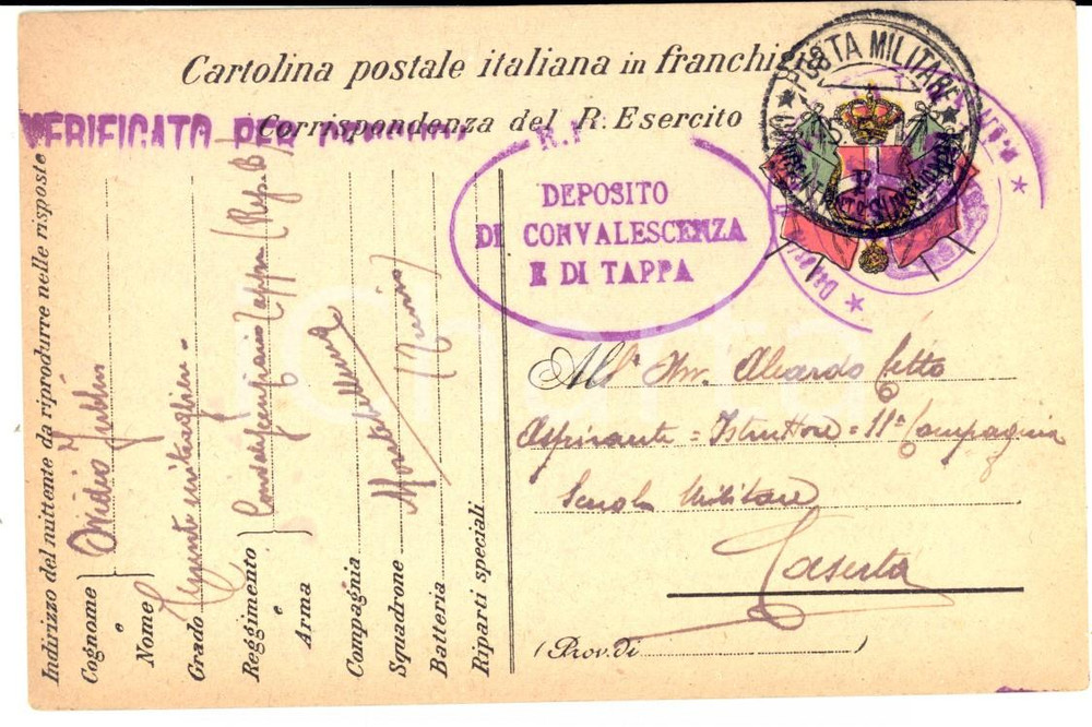 Documento originale, autentico 1917 WW1 MONTEBELLUNA Cartolina postale  Deposito di Convalescenza e Tappa 1