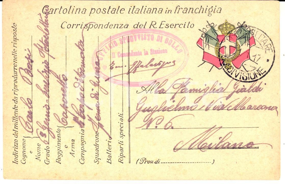 Documento originale, autentico 1917 WW1 CAPORETTO Cartolina timbro ufficio sprovvisto di bollo ten. FALAVIGNA 1