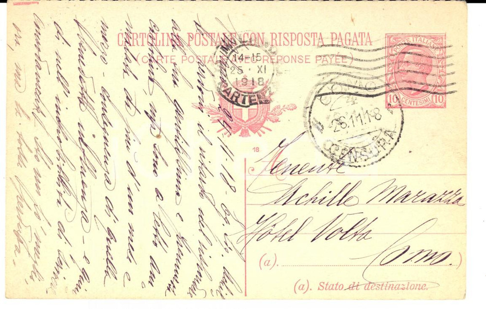 Cartolina originale da collezione 1918 MILANO Cartolina al giovane Achille MARAZZA da Maria CROCE FP 1