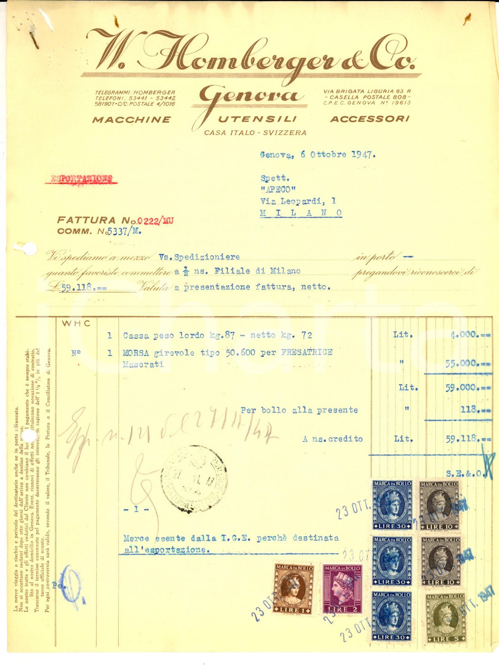 Documento originale, autentico 1947 GENOVA Ditta W. HOMBERGER & Co. Macchine utensili  Fattura bolli 1