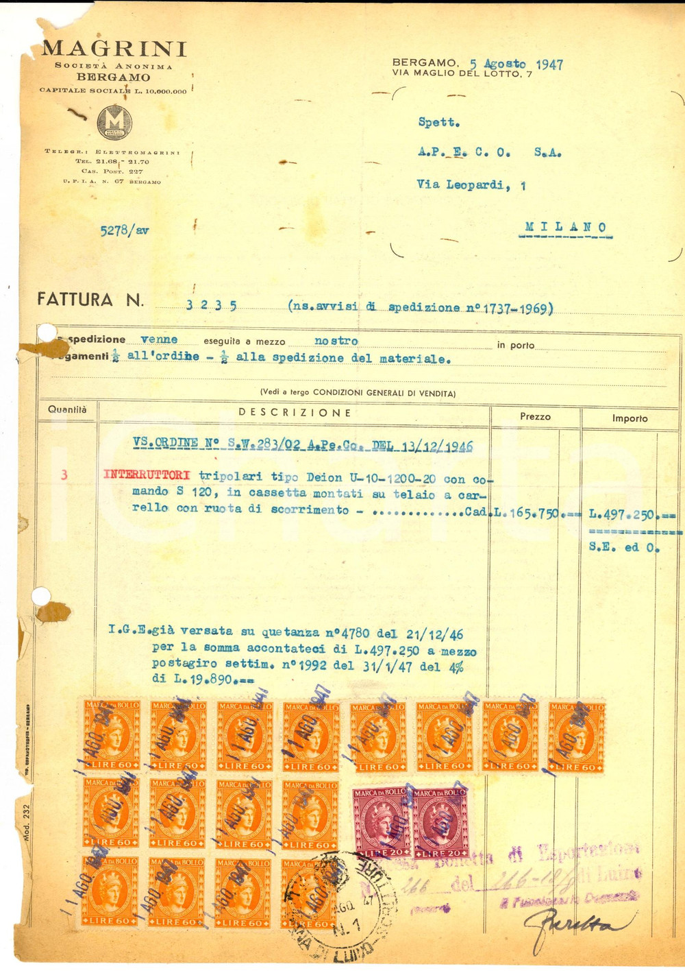 Documento originale, autentico 1947 BERGAMO SocietÃ  Anonima MAGRINI  Fattura per interruttori con bolli 1
