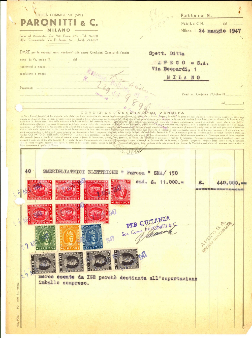 Documento originale, autentico 1947 MILANO SocietÃ  Commerciale PARONITTI & C. Fattura commerciale con bolli 1