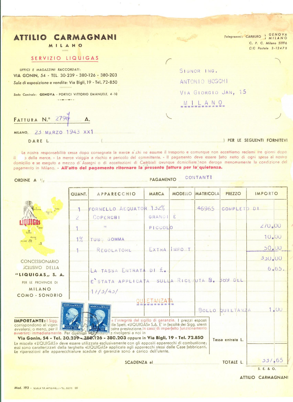 Documento originale, autentico 1943 MILANO Attilio CARMIGNANI  Servizio LIQUIGAS Fattura commerciale bolli 1