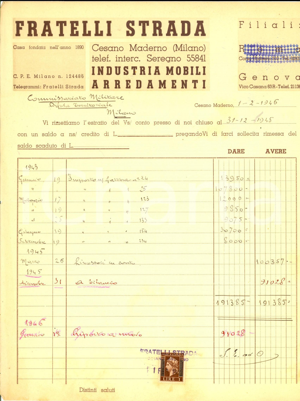 Documento originale, autentico 1946 CESANO MADERNO Industria FRATELLI STRADA Arredamenti Fattura con bolli 1